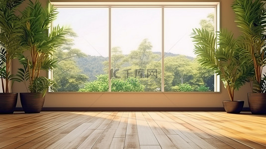 宽敞的房间，铺有木地板，外面有绿化 3D 渲染