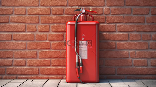 壁挂式应急储物箱的 3D 渲染，配有红色灭火器，靠在砖墙上
