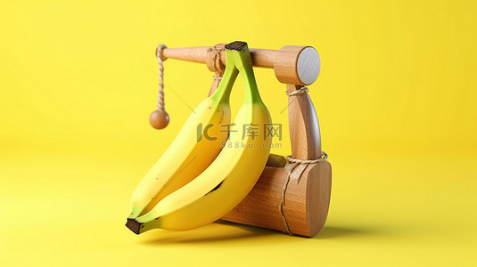 危险的木制弹弓玩具，配有成熟的黄色香蕉果实，在充满活力的黄色背景 3D 渲染上