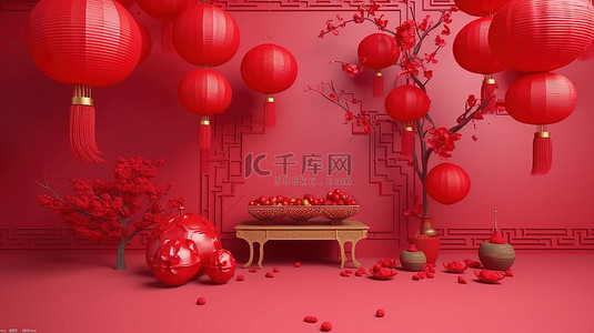 中式元素边框背景图片_3d 渲染中的中国新年背景