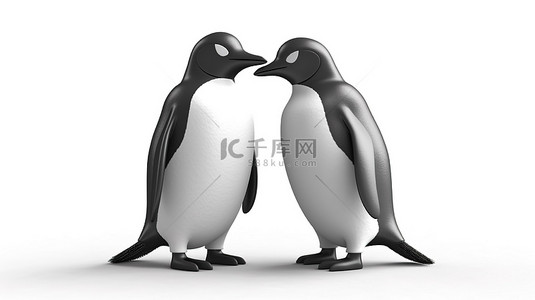 情侣白色背景图片_可爱的企鹅夫妇在白色背景上隔离 3D 渲染