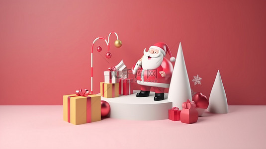 购物装饰背景图片_网上购物圣诞销售 3D 圣诞老人和朋友的插图，带有徽标和文本的复制空间