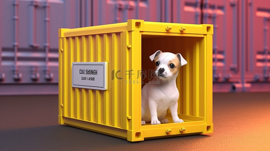 动物运输容器的 3D 渲染，里面有可爱的小狗