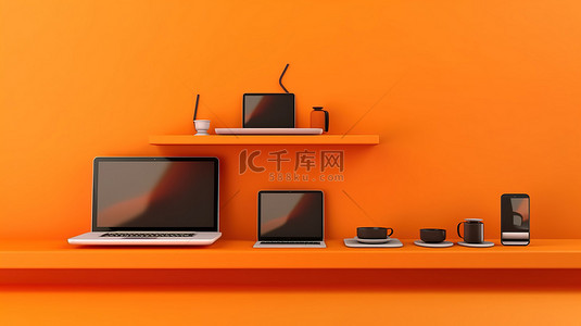 移动办公背景图片_充满活力的橙色架子笔记本电脑手机和平板电脑上的科技三人组的 3D 插图