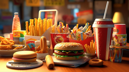 美味佳肴背景图片_3D 渲染的卡通快餐是餐厅的美味佳肴