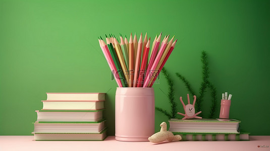 在教室学习的学生背景图片_回到学校，粉红色背景 3D 渲染上的书籍铅笔和绿板的创意概念