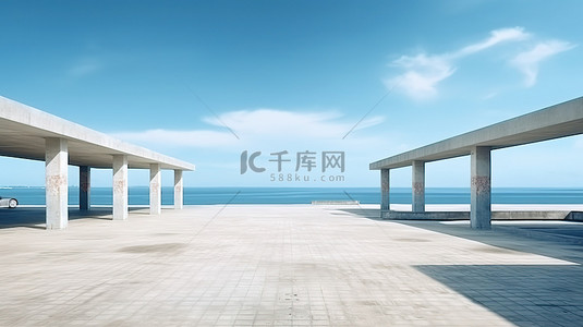 停车场空置混凝土地板，具有壮观的海景和天空景观 3D 概念化