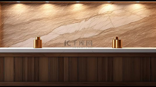 空厨房棕色瓷砖墙上大理石前视图台面的 3D 渲染特写