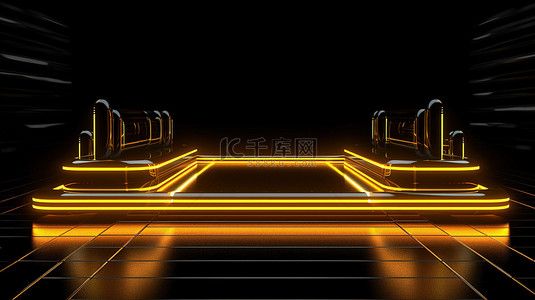 3D 渲染舞台在霓虹灯黄色灯光下闪闪发光