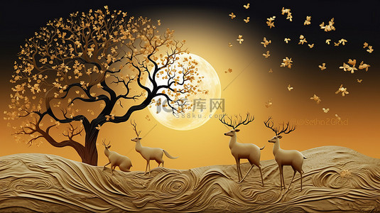 树抽象背景图片_金树和月亮令人惊叹的 3D 画布艺术，装饰有鸟类和鹿
