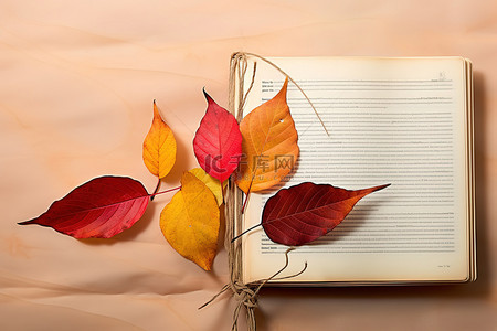 五颜六色的树叶绑在一本旧书上