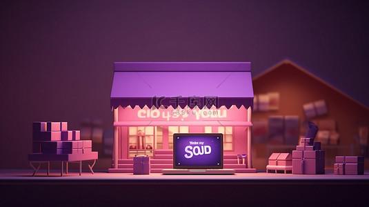 市场推广计划背景图片_利润丰厚的销售警报数字营销在紫色背景 3D 渲染下推广笔记本电脑上的在线购物商店