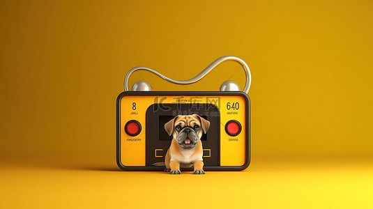 狗狗吃东西背景图片_充满活力的黄色背景上的狗粮袋旁边显示的完整燃油表的 3D 渲染