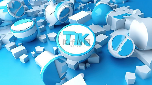 白色和蓝色配色方案的 tik tok 营销的 3d 插图