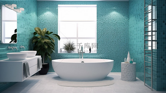 当代浴室设计马赛克墙壁艺术的 3D 渲染视图