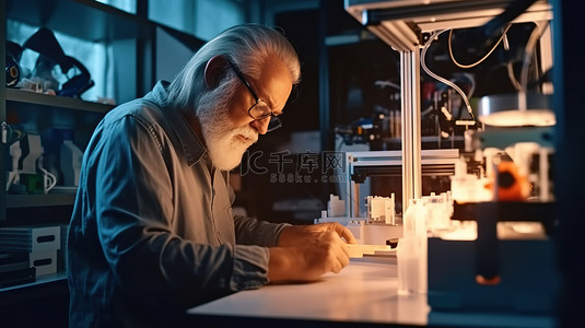 经验背景图片_重要设置 经验丰富的老年技术人员借助桌上的教学材料调整 3D 打印机设置