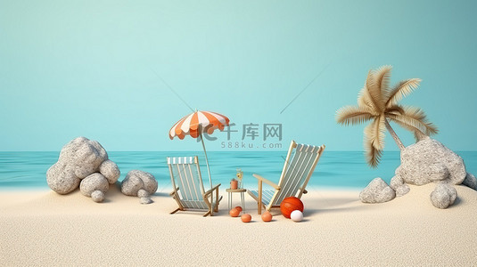 享受夏天与宁静的海滩景观 3D 渲染插图