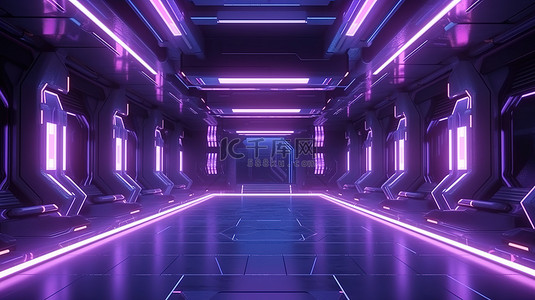 带霓虹灯的未来房间，3D 渲染的黑暗科幻天堂
