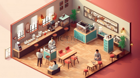餐饮logo、背景图片_等距咖啡馆内部概念的 3D 插图