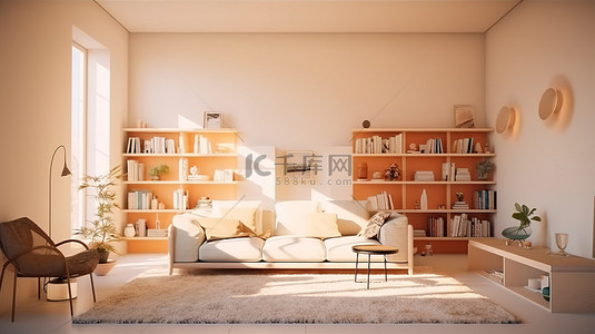 粉色圆柱背景图片_公寓内部 3D 渲染中充满抽象形状的客厅