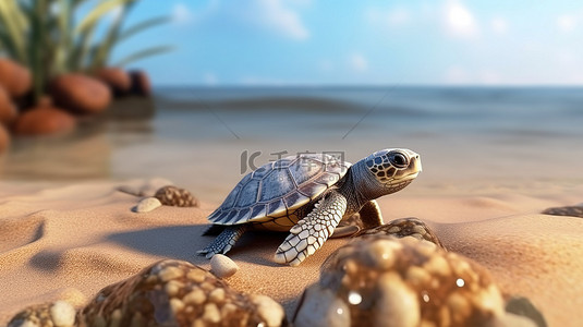 小海龟穿过沙滩走向海洋 3D 光栅艺术