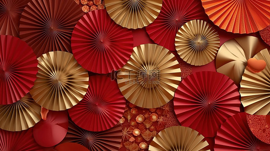 中国新年背景下的 3D 渲染红色和金色纸扇装饰