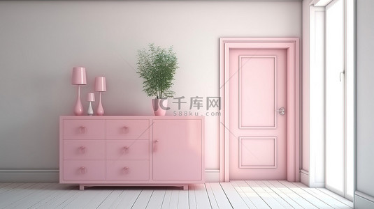 当代走廊中一扇敞开的门的 3D 渲染，配有粉色梳妆台和白色墙壁