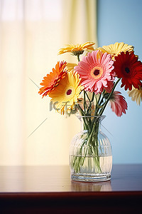 一侧桌子内的透明花瓶里放着一些五颜六色的鲜花