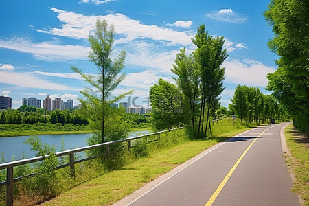 夏天城市背景图片_伯明翰城市自行车道，有自然区和绿树