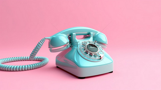 粉红色背景与蓝色复古旋转电话复古风格 3D 渲染双色调