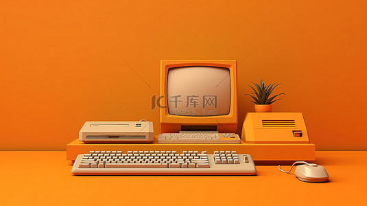 橙色背景上带有系统单元监视器键盘和鼠标的复古个人计算机的充满活力的 3D 渲染