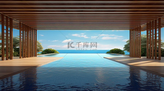 间断背景图片_风景如画的泳池凉亭 3D 渲染提供不间断的无边界游泳池和令人惊叹的海景