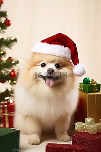手举牌拍照道具背景图片_圣诞快乐狗摆姿势拍照
