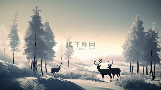 圣诞节圣诞鹿背景图片_迷人的 3D 冬季仙境中的鹿剪影