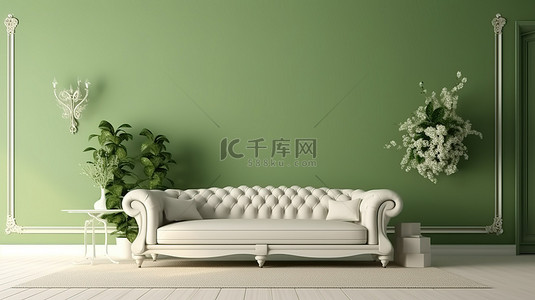 优雅的生活空间，配有别致的白色沙发和简约的绿色墙壁 3D 视觉效果