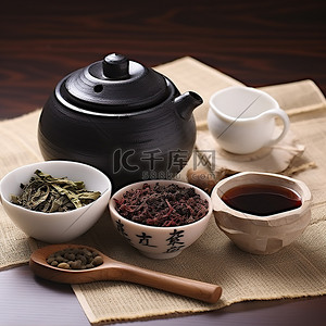 黑果枸杞背景图片_一个装满茶和香料的碗，旁边有一个大篮子