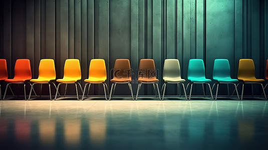 概念 3D 渲染工作招聘和商业领导力，一排座位上有一把奇怪的椅子
