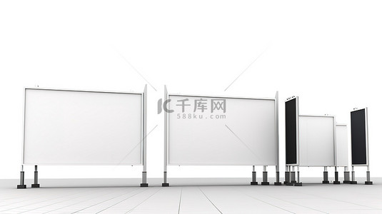 用于在贸易展览上展示户外广告的空广告牌 3D 渲染在白色背景上