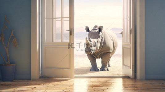 犀牛剪影背景图片_犀牛穿过打开的门的 3D 渲染