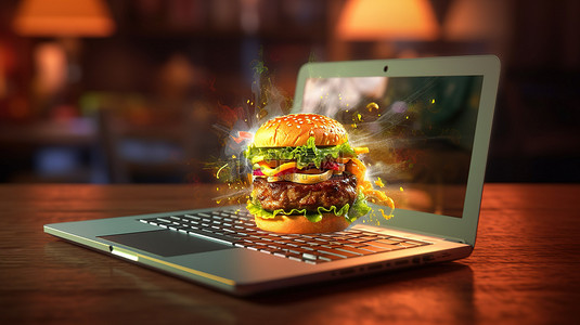 在笔记本电脑上数字咬 3D 渲染汉堡包