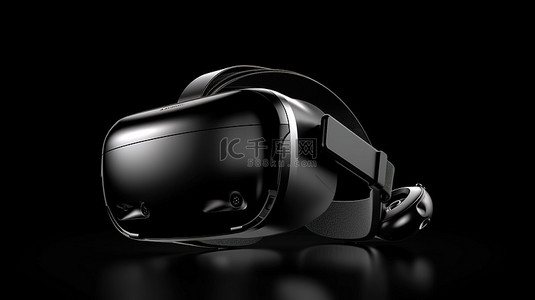 黑色纯黑背景图片_时尚的黑色 VR 耳机，在纯黑色背景 3D 渲染插图上带有右侧复制空间