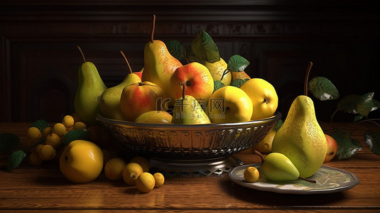 抽象水果背景图片_充满活力的 3d 渲染水果和树叶静物