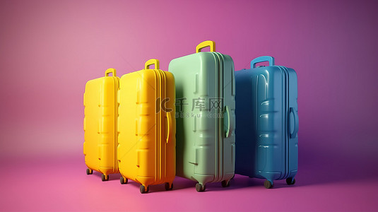 以一套 3d 手提箱行李或行李为特色的文本旅行概念的五颜六色的背景空间