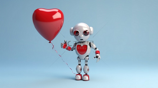 有心脏的机器人伴侣拿着红色气球的 3D 渲染