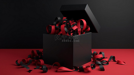 卡通风格 3D 渲染红色和黑色礼品盒，带有开放式空白丝带，是商业背景卡的黑色星期五概念模板的理想选择