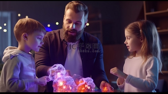 父亲和孩子背景图片_留着胡须的父亲通过指向 3D 模型来阐明 DNA 结构，而他细心的孩子们则侧耳倾听
