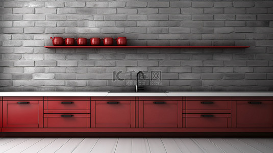桌子面特写背景图片_单色红色的简约砖墙厨房柜台特写 3D 渲染