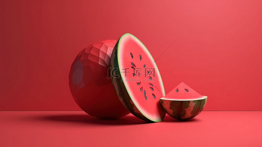 3D 渲染中的西瓜隔离在红色背景上，非常适合暑假概念和简约风格