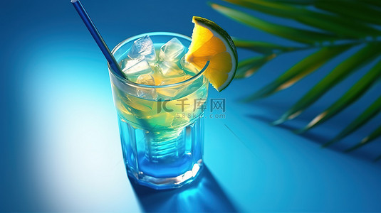 果汁鸡尾酒饮料背景图片_清爽的鸡尾酒装在玻璃杯中，蓝色背景上有冰和稻草，3d 热带树叶轮廓增强了效果