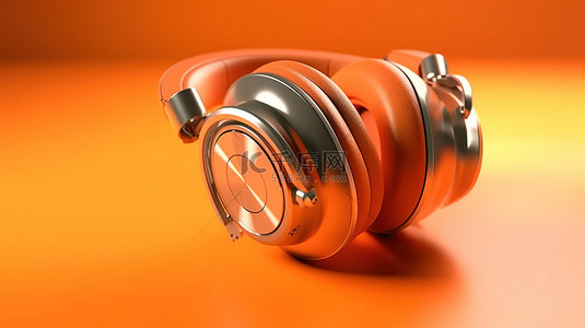 充满活力的橙色工作室中的时尚单色耳机以 3D 渲染